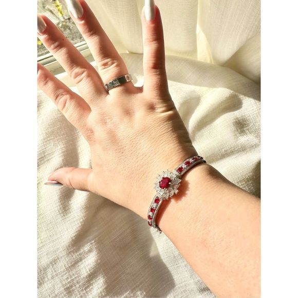 Ruby red cubic zirconia intricate bangle bracelet - Picture 5 of 7